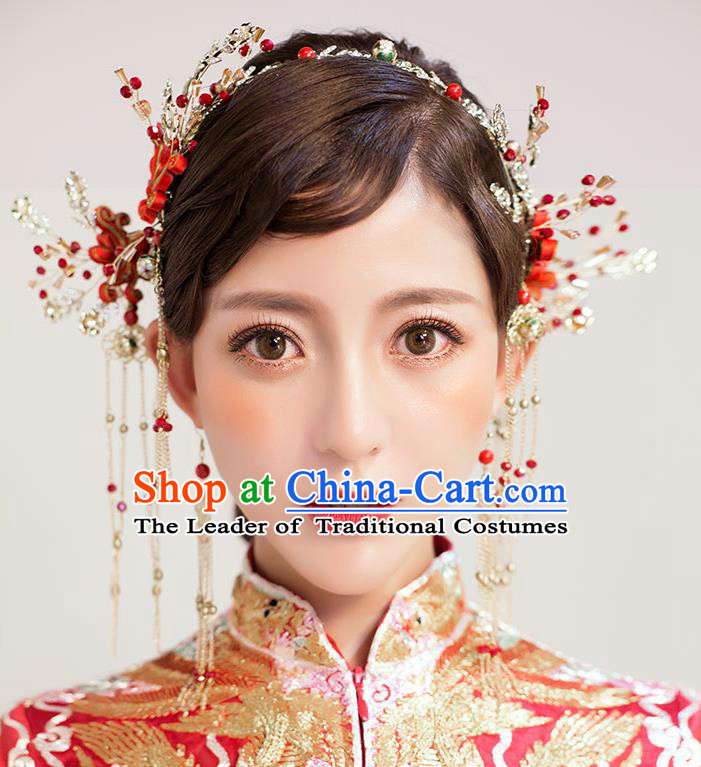 Chinese Traditional Bride Hair Jewelry Accessories Palace Xiuhe Suit Chinese Knots Hairpins Wedding Tassel Phoenix Coronet for Women