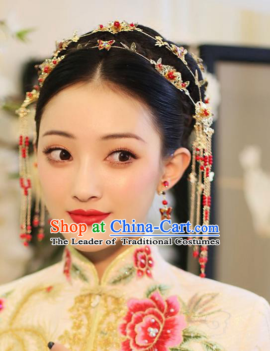 Chinese Traditional Bride Hair Jewelry Accessories Palace Xiuhe Suit Hairpins Wedding Red Butterfly Hair Clasp for Women