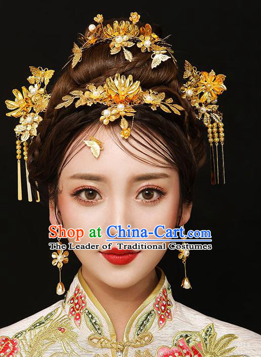 Chinese Traditional Bride Hair Accessories Palace Queen Xiuhe Suit Golden Lotus Phoenix Coronet Wedding Hairpins for Women