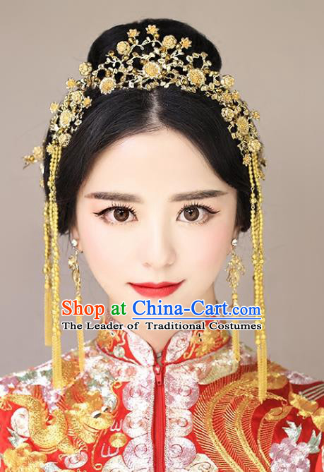 Chinese Traditional Bride Hair Accessories Palace Queen Xiuhe Suit Golden Flowers Phoenix Coronet Wedding Hairpins for Women