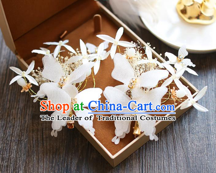 Chinese Traditional Bride Hair Jewelry Accessories Wedding Baroque Retro White Silk Butterfly Hair Stick for Women