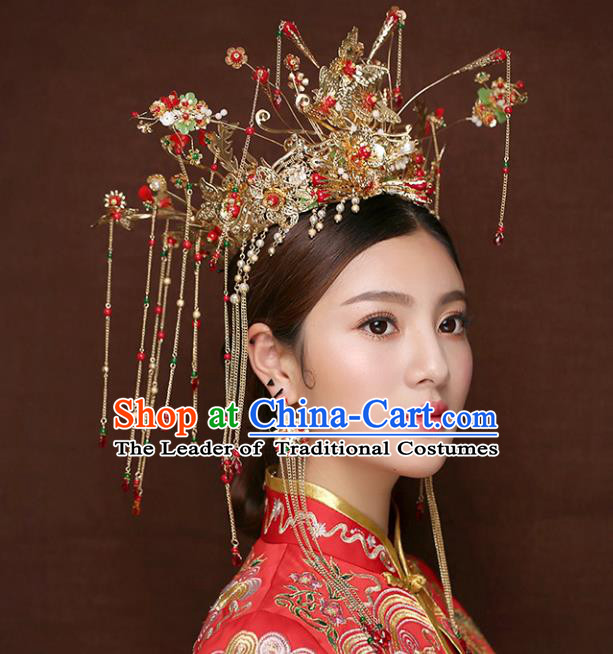 Chinese Traditional Bride Hair Accessories Xiuhe Suit Step Shake Wedding Hairpins Tassel Phoenix Coronet for Women