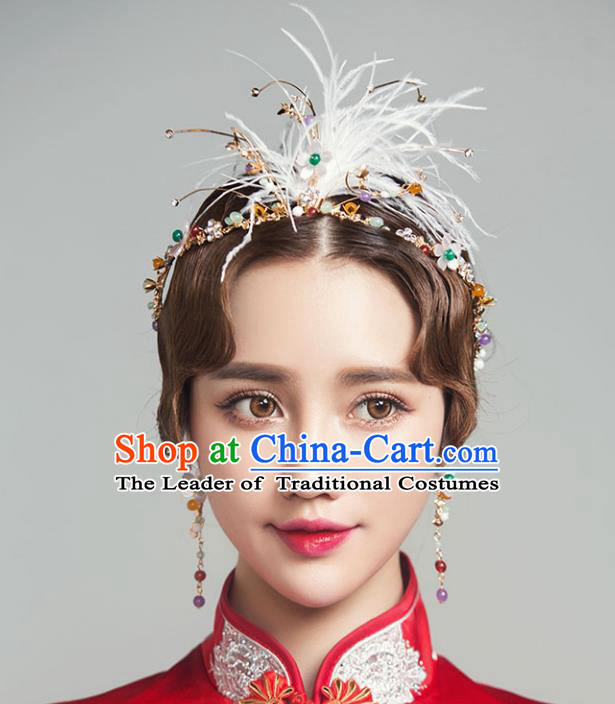 Chinese Traditional Bride Hair Accessories Xiuhe Suit Feather Hair Clasp Wedding Tassel Hairpins Complete Set for Women