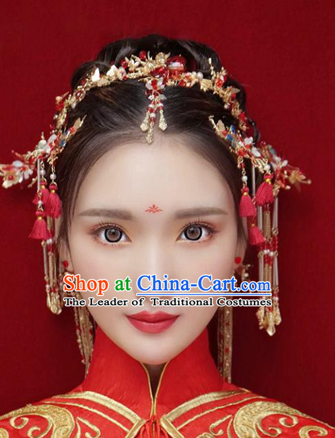 Chinese Traditional Bride Hair Accessories Xiuhe Suit Phoenix Coronet Wedding Tassel Hairpins Complete Set for Women