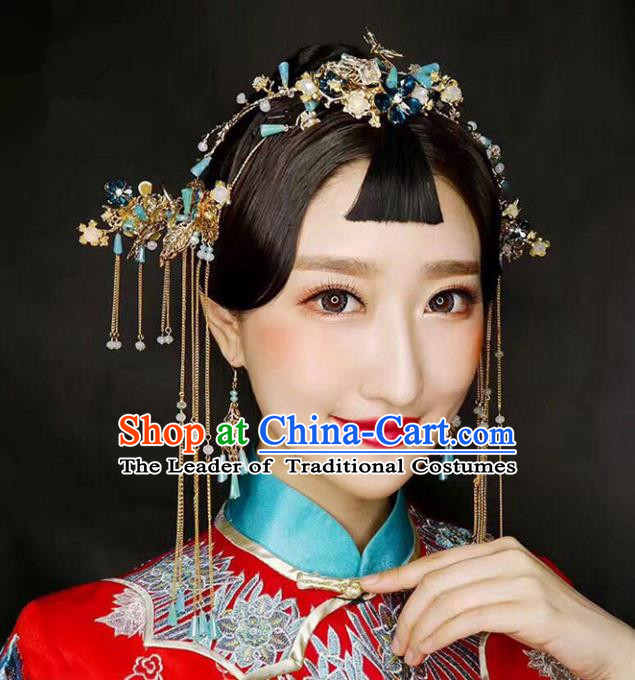 Chinese Traditional Bride Hair Accessories Xiuhe Suit Blue Flowers Phoenix Coronet Wedding Tassel Hairpins Complete Set for Women