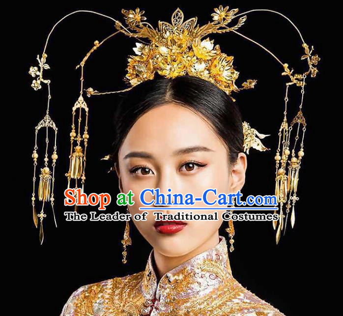 Chinese Traditional Bride Hair Accessories Xiuhe Suit Wedding Golden Phoenix Coronet Tassel Hairpins Complete Set for Women