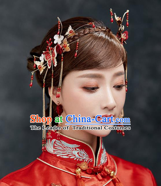Chinese Traditional Bride Hair Accessories Xiuhe Suit Wedding Red Phoenix Coronet Tassel Hairpins Complete Set for Women