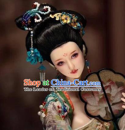 Chinese Traditional Silk Figurine Doll Hair Accessories Flowers Hairpins Ancient Han Dynasty Queen Headwear