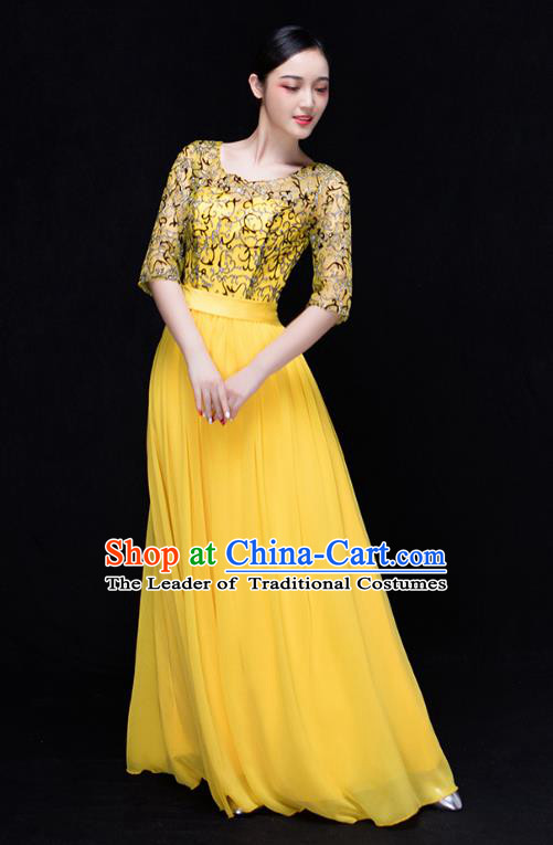 Traditional Chinese Modern Dance Costume Opening Dance Chorus Singing Group Yellow Bubble Dress for Women