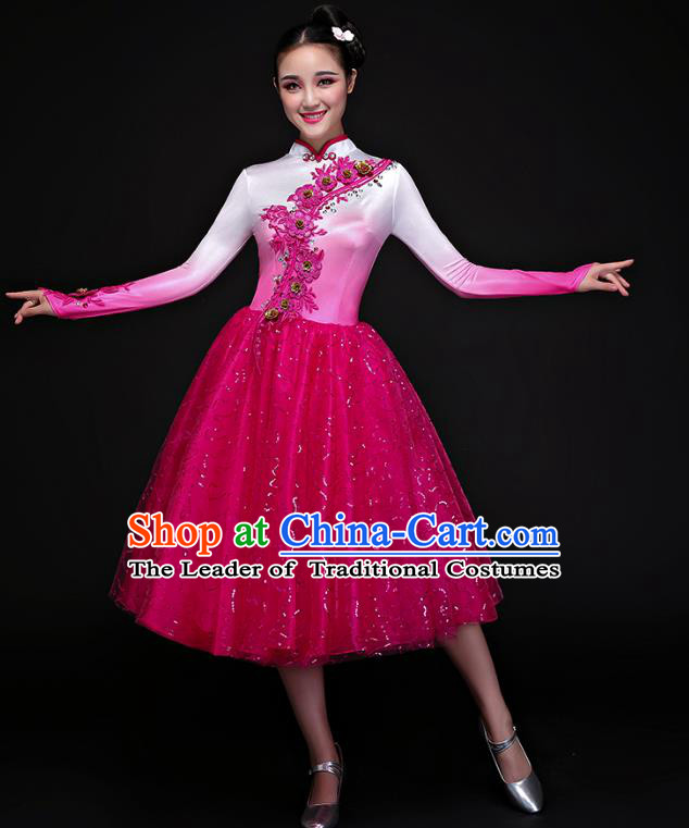 Traditional Chinese Modern Dance Fan Dance Costume, Opening Dance Chorus Bubble Dress Clothing for Women