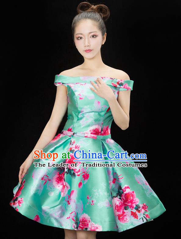 Traditional Chinese Modern Dance Costume, Opening Dance Chorus Green Bubble Dress Clothing for Women