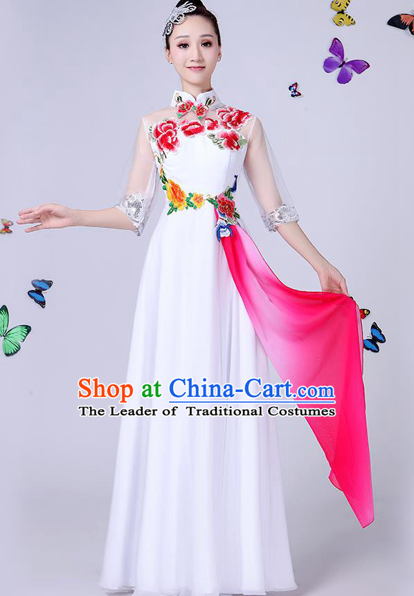 Traditional Chinese Modern Dance Opening Dance Clothing Chorus White Cheongsam Dress Costume for Women