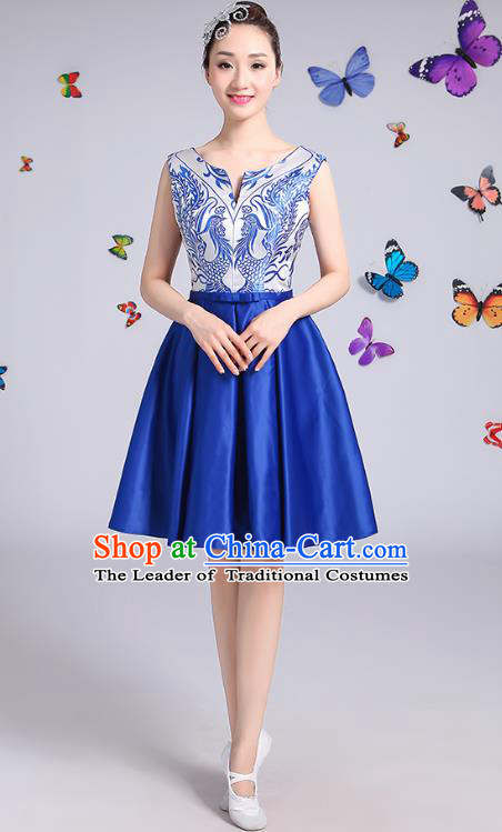 Traditional Chinese Modern Dance Opening Dance Clothing Chorus Blue Dress Costume for Women