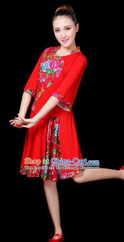 Traditional Chinese Yangge Fan Classical Dance Peony Red Uniform, China Folk Yangko Drum Dance Clothing for Women