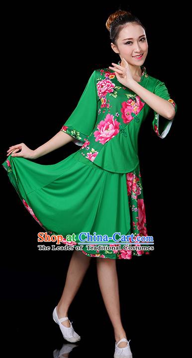 Traditional Chinese Yangge Fan Classical Dance Peony Green Uniform, China Folk Yangko Drum Dance Clothing for Women