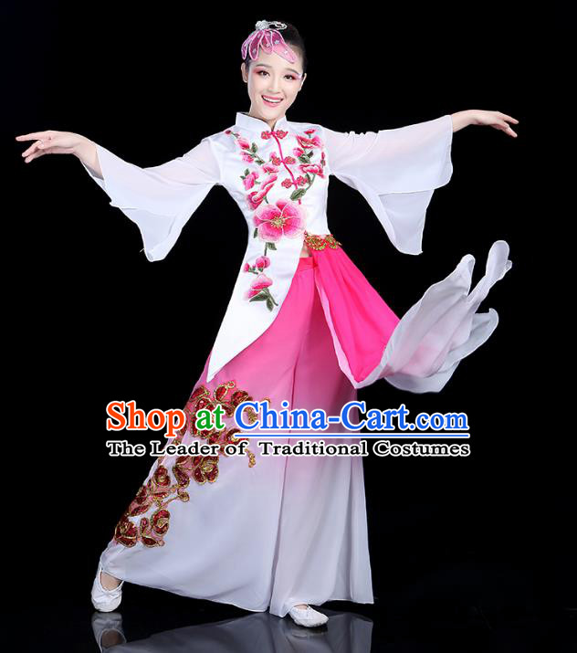 Traditional Chinese Yangge Fan Dance Embroidered Costume, China Classical Folk Dance Yangko Umbrella Dance Clothing for Women