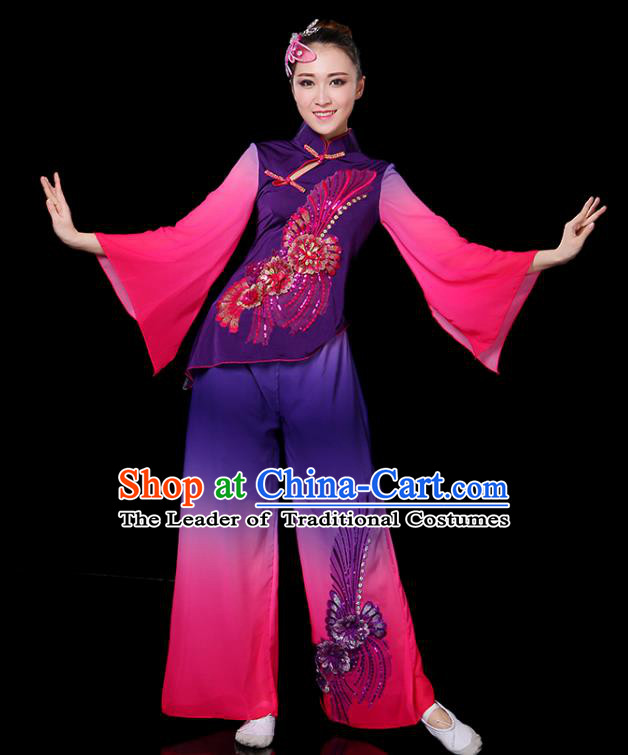 Traditional Chinese Yangge Fan Dance Embroidered Purple Uniform, China Classical Folk Yangko Drum Dance Clothing for Women
