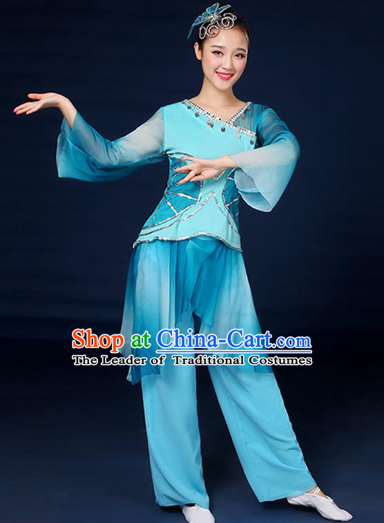 Traditional Chinese Yangge Fan Dance Embroidered Blue Uniform, China Classical Folk Yangko Umbrella Dance Clothing for Women