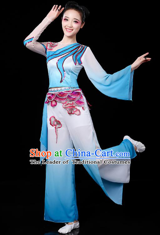 Traditional Chinese Yangge Fan Dance Blue Uniform, China Classical Folk Dance Yangko Drum Dance Clothing for Women