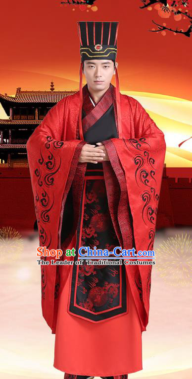 Traditional Chinese Han Dynasty Embroidered Wedding Costume, China Ancient Bridegroom Hanfu Clothing for Men