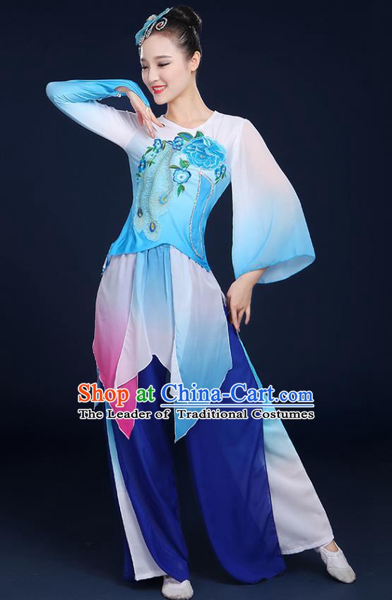 Traditional Chinese Folk Yangge Fan Classical Dance Peony Blue Uniform, China Yangko Drum Dance Clothing for Women