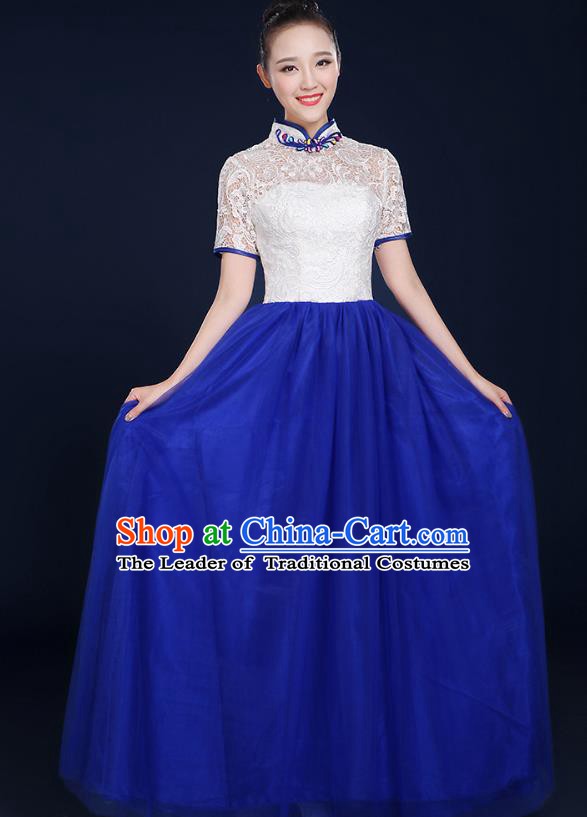 Traditional Chinese Modern Dance Opening Dance Lace Clothing Chorus Classical Dance Blue Dress for Women