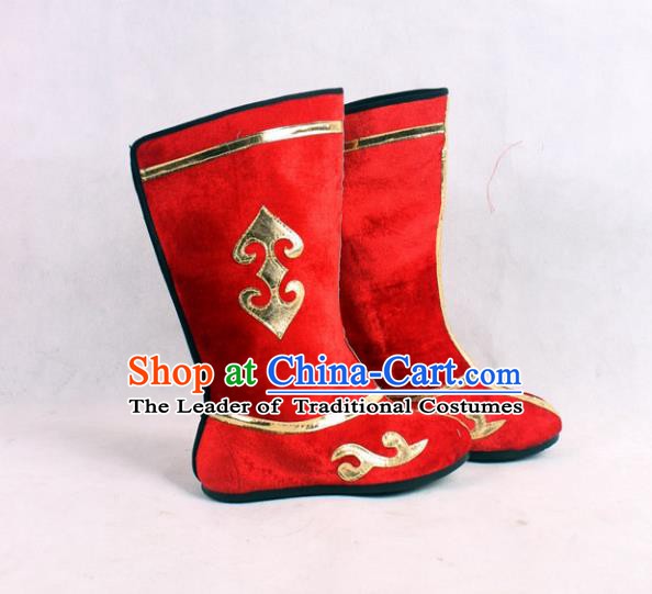 Asian Chinese Beijing Opera Embroidered Red Boots, Traditional China Peking Opera General Hanfu Shoes