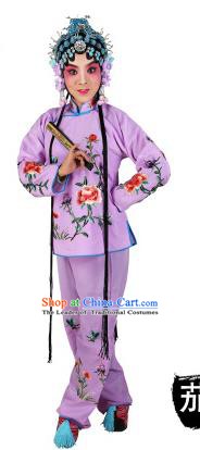 Chinese Beijing Opera Actress Embroidered Peony Costume, China Peking Opera Servant Girl Embroidery Purple Clothing