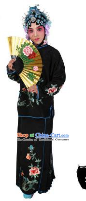 Chinese Beijing Opera Actress Embroidered Peony Costume, China Peking Opera Servant Girl Embroidery Black Clothing