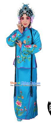 Chinese Beijing Opera Actress Embroidered Peony Costume, China Peking Opera Servant Girl Embroidery Blue Clothing