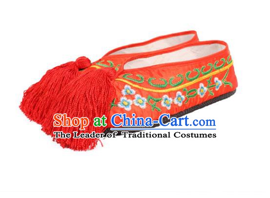 Asian Chinese Beijing Opera Actress Red Embroidered Shoes, Traditional China Peking Opera Diva Hanfu Shoes