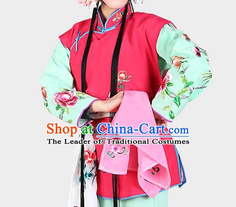 Chinese Beijing Opera Servant Girl Costume Embroidered Rosy Vest, China Peking Opera Actress Embroidery Waistcoat Clothing