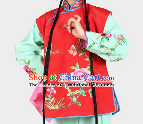 Chinese Beijing Opera Servant Girl Costume Embroidered Red Vest, China Peking Opera Actress Embroidery Waistcoat Clothing