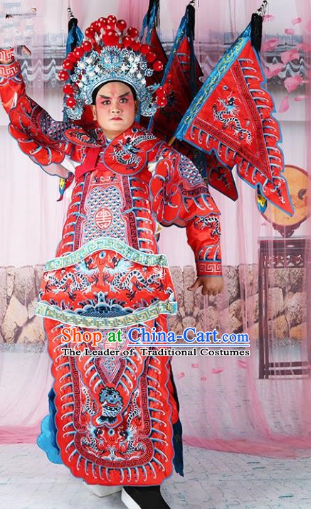 Chinese Beijing Opera General Costume Red Embroidered Robe, China Peking Opera Embroidery Gwanbok Clothing