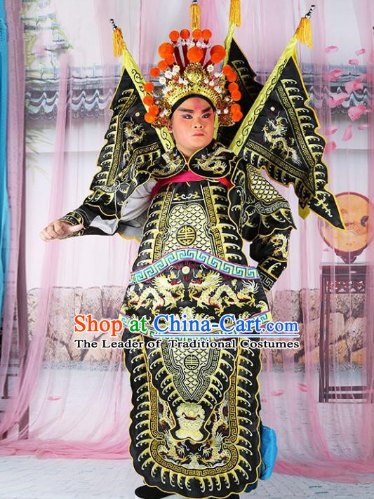 Chinese Beijing Opera General Costume Black Embroidered Robe, China Peking Opera Embroidery Gwanbok Clothing