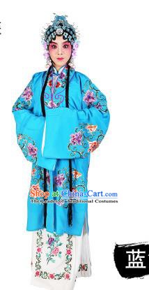 Chinese Beijing Opera Young Lady Embroidered Peony Costume, China Peking Opera Actress Embroidery Blue Clothing