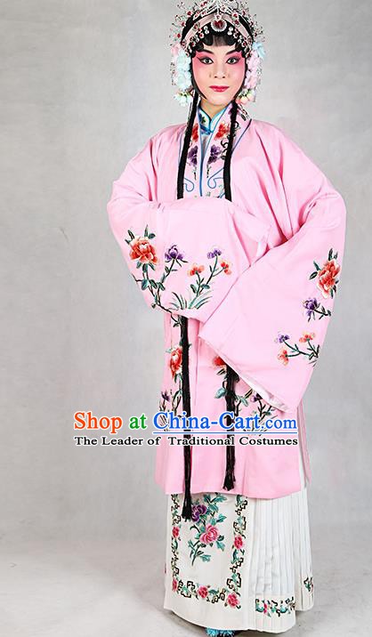 Chinese Beijing Opera Actress Embroidered Peony Pink Costume, Traditional China Peking Opera Diva Embroidery Clothing