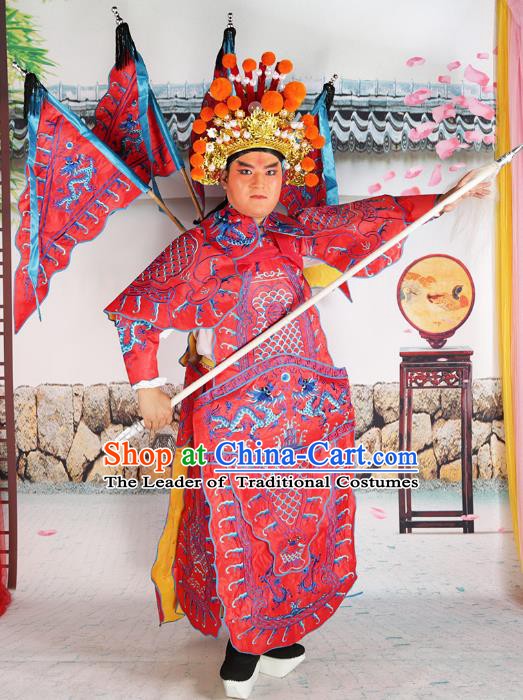 Chinese Beijing Opera General Costume Red Embroidered Robe, China Peking Opera Warrior Embroidery Gwanbok Clothing