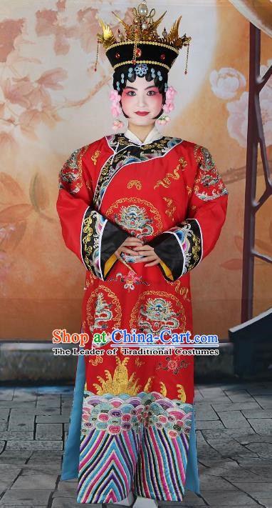 Chinese Beijing Opera Actress Red Embroidered Costume, China Peking Opera Qing Dynasty Manchu Queen Embroidery Clothing