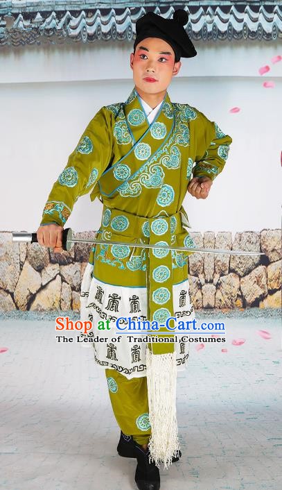 Chinese Beijing Opera Takefu Warrior Embroidered Green Costume, China Peking Opera Soldier Embroidery Clothing