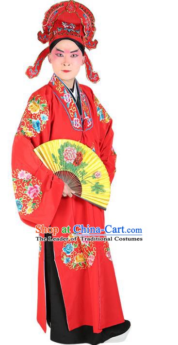 Chinese Beijing Opera Young Men Costume Red Embroidered Robe, China Peking Opera Scholar Clothing