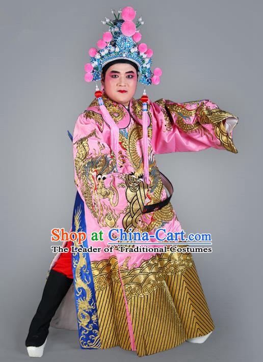 Chinese Beijing Opera Bao Zheng Costume Pink Embroidered Robe, China Peking Opera Prime Minister Embroidery Dragon Gwanbok Clothing