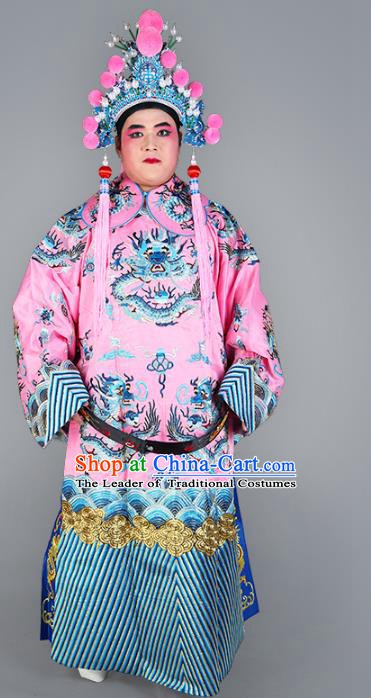 Chinese Beijing Opera Prime Minister Costume Pink Embroidered Robe, China Peking Opera Embroidery Dragon Gwanbok Clothing