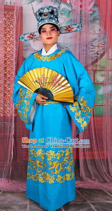 Chinese Beijing Opera Niche Costume Blue Embroidered Robe, China Peking Opera Scholar Embroidery Gwanbok Clothing