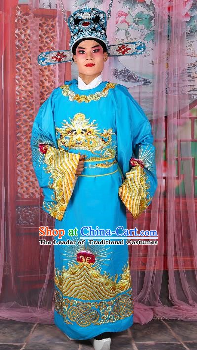 Chinese Beijing Opera Royal Highness Costume Blue Embroidered Robe, China Peking Opera Scholar Embroidery Gwanbok Clothing