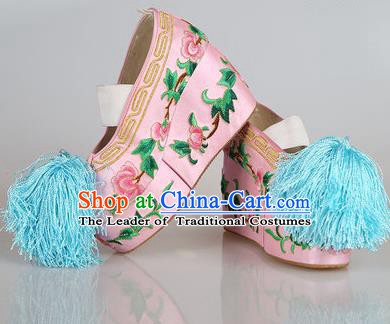 Asian Chinese Beijing Opera Actress Pink Embroidered Shoes, Traditional China Peking Opera Diva Hanfu Blood Stained Shoes