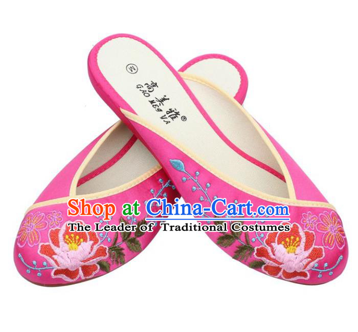 Traditional Chinese National Bride Pink Embroidered Shoes, China Handmade Embroidery Peony Hanfu Slippers for Women
