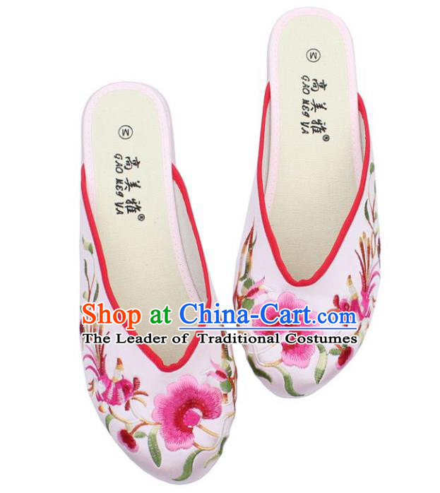 Traditional Chinese National Bride White Embroidered Shoes, China Handmade Embroidery Phoenix Peony Hanfu Slippers for Women