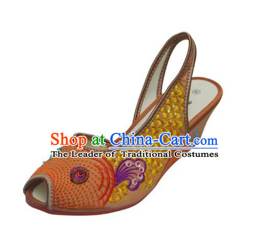 Traditional Chinese National Bride Yellow Paillette Embroidered Sandal, China Handmade Embroidery Flowers Peep-toe Shoes for Women