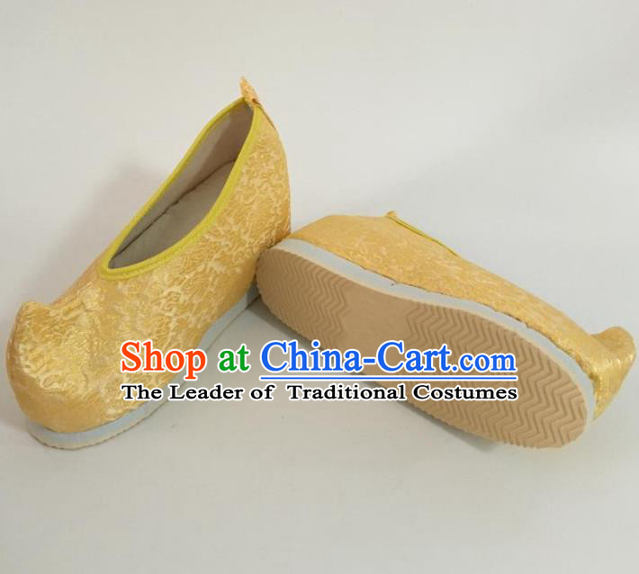 Traditional Chinese Ancient Princess Embroidered Golden Blood Stained Shoes, China Handmade Peking Opera Hanfu Embroidery Shoes for Women